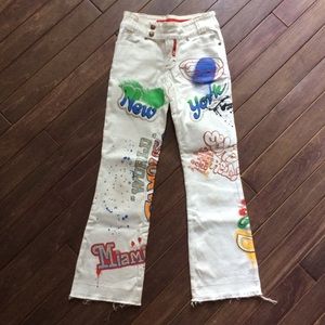 Travel Graffiti Embellished White Pants